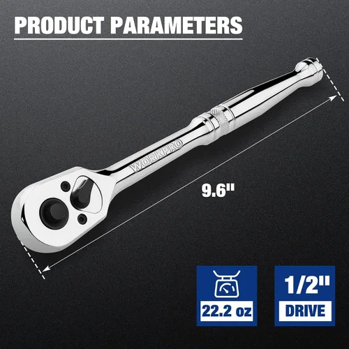 Miniatura 2 de WORKPRO Trinquete de transmisión de 1/2 pulgada, llave de trinquete reversible de liberación rápida, mango de 72 dientes, aleación de cromo, cabeza