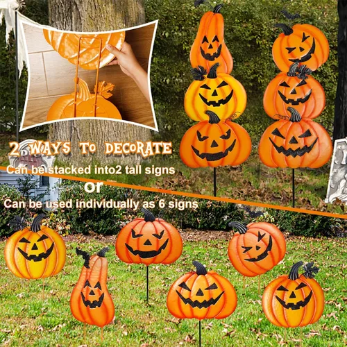 Miniatura 2 de Juegoal Paquete de 2 estacas de jardín de Halloween, calabazas de metal apiladas, decoración de césped Jack-o-Lantern, letreros de patio decorativos