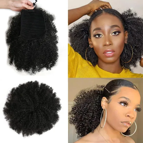 Miniatura 10 de Extensión de cola de caballo afro rizada encrespada con cordón para mujeres, cola de caballo afro con cordón, rizos encrespados sintéticos, piezas