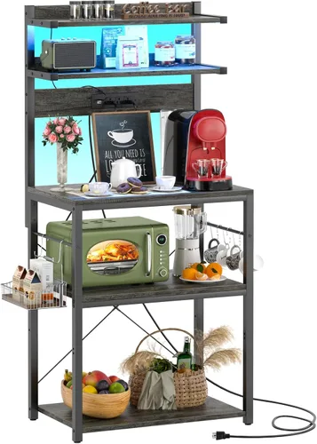 Miniatura 13 de Aheaplus - Estantería de cocina con toma de corriente, soporte para microondas, estación de café de 5 niveles con luces LED, estante