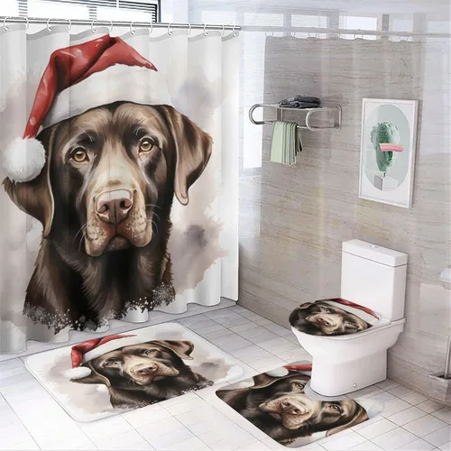 Juego de 4 cortinas de ducha de baño de Labrador de chocolate, gorro de Papá Noel, juego de cortinas de ducha antideslizantes y tapete de inodoro,