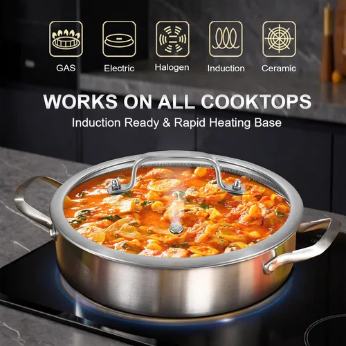 Miniatura 2 de Inqibee - Sartén híbrida de 5 QT de acero inoxidable con revestimiento cerámico de tres capas sin adherencia con tapa, olla de cocina de inducción