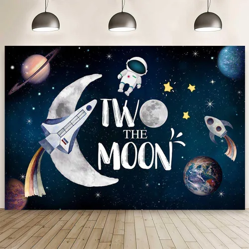 Miniatura 10 de AIBIIN 7x5ft Two the Moon Bckdrop Espacio Exterior Boy 2º cumpleaños Fotografía Fondo Universo Galaxia Cielo Planeta Estrellas Decoraciones