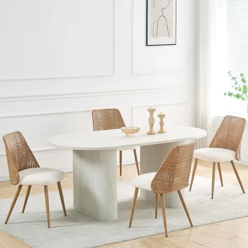 Miniatura 9 de Juego de 4 sillas de comedor de ratán, sillas de cocina tapizadas Boucle, sillas de comedor modernas de mediados de siglo, sillas de caña de Blanco