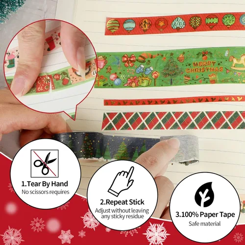 Miniatura 2 de 16 rollos de cinta adhesiva Washi de Navidad, cinta de enmascarar festiva, 4 tamaños, rojo y verde, cinta de envolver navideña, cinta decorativa