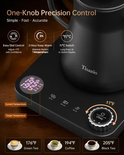 Miniatura 4 de Hervidor eléctrico de cuello de cisne para verter sobre café, control de precisión de ±1 °F, calefacción inteligente de dos etapas, 2 horas