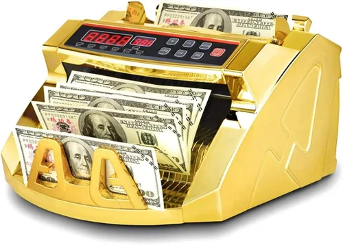 Contador dorado de dinero con detección de billetes falsificados y contador de billetes | Pantalla de luz | 1,000 billetes por minuto | Se adapta a