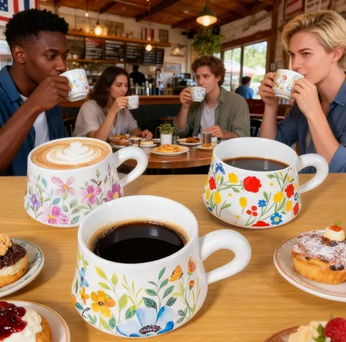 Miniatura 4 de Juego de 4 tazas de café, tazas de té de cerámica de 9 onzas, diseño floral vintage original, tazas de capuchino, tazas de café, tazas de té