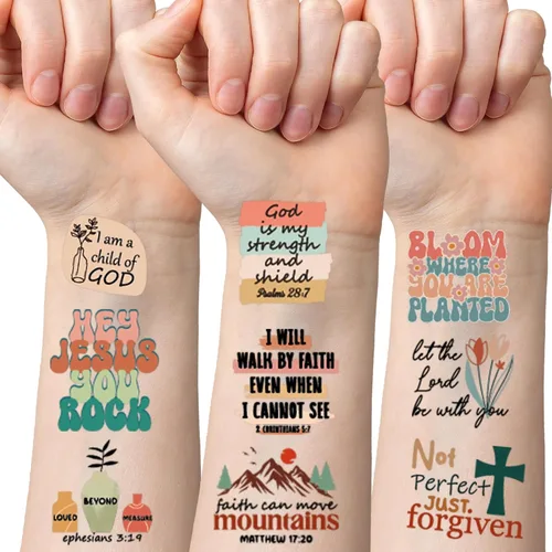 Calcomanías de tatuajes temporales cristianos – Más de 150 decoraciones de fiesta de cumpleaños con versículos bíblicos, suministros de fiesta