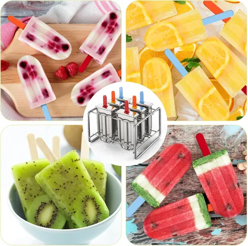 Miniatura 4 de Jingmore Moldes de acero inoxidable, 6 moldes de metal de cabeza redonda con soporte y palos reutilizables, para hacer helados de metal para yogur