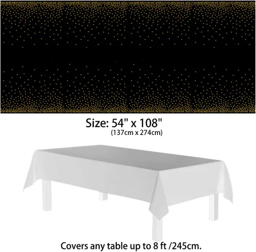 Miniatura 2 de hapray Paquete de 4 manteles de plástico para mesas rectangulares, manteles desechables impermeables negros y dorados, manteles para fiestas