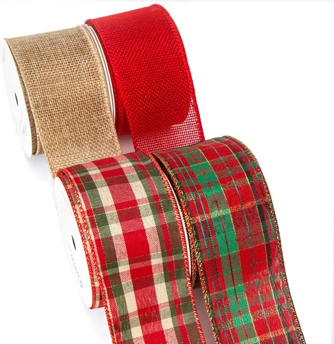 Ribbli 4 rollos de cinta con alambre, cuadros de arpillera natural y roja, 2 pulgadas x 20 yardas, manualidades de Navidad, lazo grande, envoltura