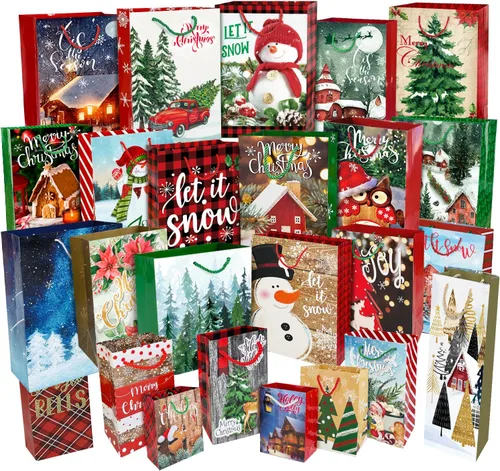 Party Funny 24 bolsas de regalo de Navidad de papel con asas a granel y 60 etiquetas de regalo de Navidad - Juego de tamaños surtidos para envolver