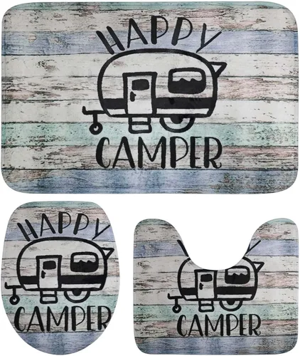 Syhonic Juego de alfombras de baño de 3 piezas, alfombra de baño Happy Camping, tapete de contorno y funda para asiento de inodoro, tapetes de baño