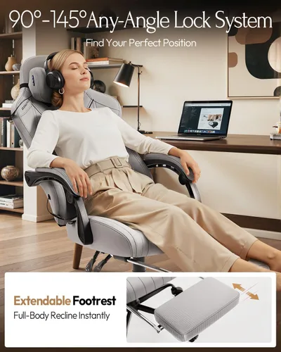 Miniatura 7 de Dowinx Silla de videojuegos para videojuegos con masaje de cuello Shiatsu y soporte lumbar para el hogar, oficina, reclinable, altura ajustable, Gris
