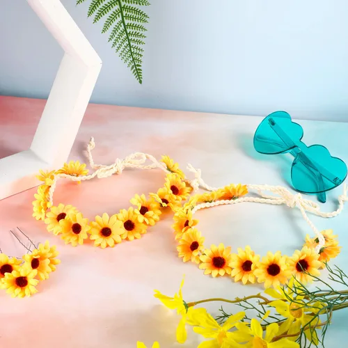 Miniatura 5 de 18 accesorios para el cabello de girasol, 3 diademas florales y 15 pinzas para el cabello para mujeres y niñas, corona bohemia de girasol, corona