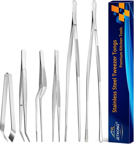 JETKONG Juego de 6 pinzas de cocina de acero inoxidable de 12 y 6.3 pulgadas, pinzas de chef profesionales para cocinar, reparar, mariscos, Plateado