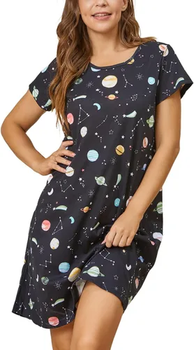Miniatura 2 de Inadays Camisón de algodón para mujer, ropa de dormir de manga corta, camisón casual con estampado, pijama holgado y cómodo