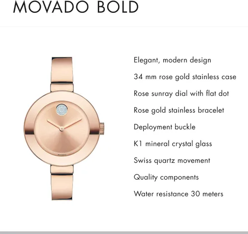 Miniatura 2 de Movado Brazalete BOLD para mujer de oro rosa con esfera plana de rayos solares, doradorosa (modelo 3600202)