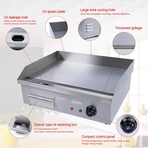 Miniatura 4 de TFCFL Parrilla eléctrica de mesa de 110 V para encimera de restaurante, parrilla plana de acero inoxidable, control de temperatura ajustable
