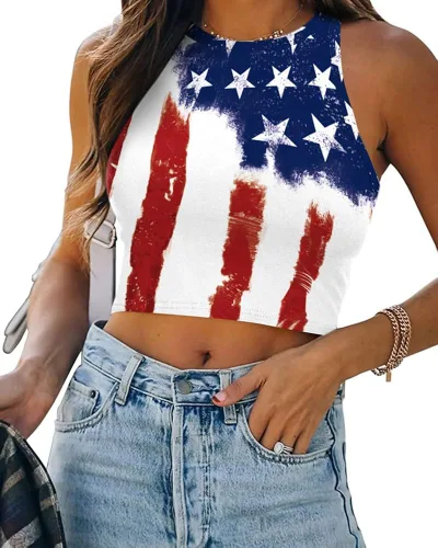 Camiseta corta con bandera estadounidense para mujer, patriótica de Estados Unidos, para el 4 de julio, sexy, expuesta, suave, para verano, sin