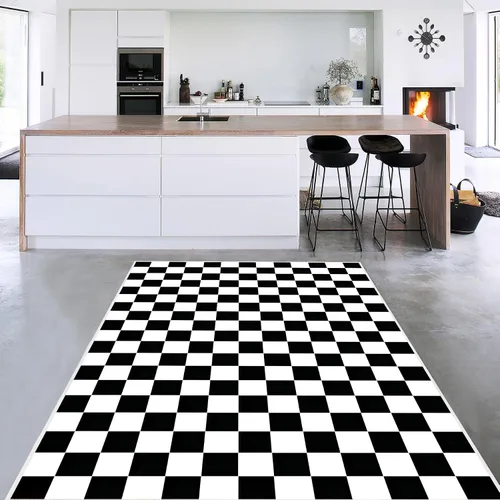 Miniatura 20 de Alfombra a cuadros de 2 x 3 pies, alfombra negra y blanca moderna para entrada interior, alfombra pequeña lavable a cuadros para baño, alfombra
