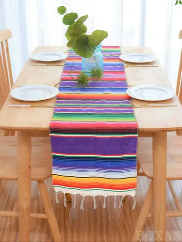 Miniatura 3 de BOXAN Camino de mesa de serape mexicano para decoración de boda, picnic al aire libre, mesa de comedor, manta de algodón con flecos, caminos de mesa