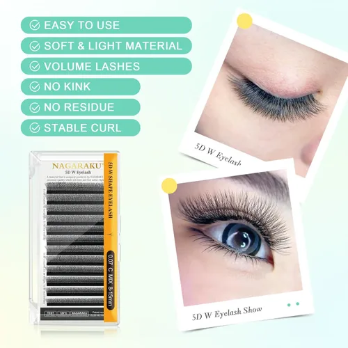 Miniatura 2 de NAGARAKU 5D en forma de W Extensión de pestañas, suministros de pestañas naturales, volumen suave, 0.07mm, rizado D, 8-15mm, mezcla, abanicos 0.07-D