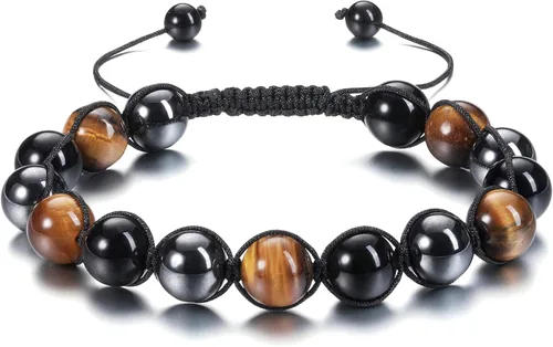 Jovivi Pulsera de piedra de cristal de ojo de tigre de obsidiana negra de 0.315 in0.394 in para hombre, pulsera de piedra de lava con cuentas de
