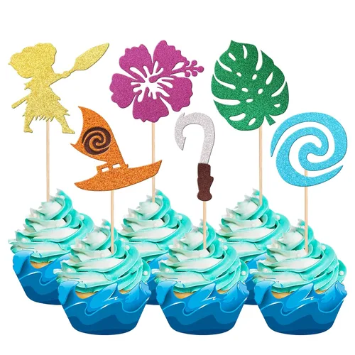 Miniatura 19 de 1 pieza de decoración de pastel de feliz cumpleaños Moana con purpurina de hoja de palma, flor de moana, selección de pastel tropical hawaiano Luau