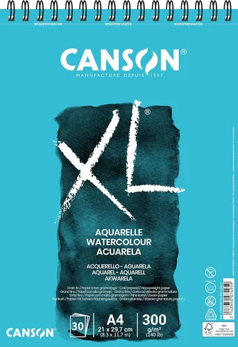 CANSON XL Papel de acuarela 300 g/m² A4, prensado en frío, bloc espiralado lado corto, 30 hojas blancas, ideal para artistas profesionales