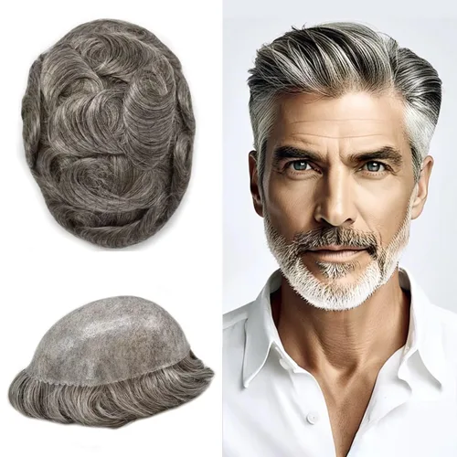 Miniatura 40 de Peluca completa de poliuretano para hombre, sistemas de reemplazo de cabello humano, piel fina y duradera, para hombre, prótesis de cabello