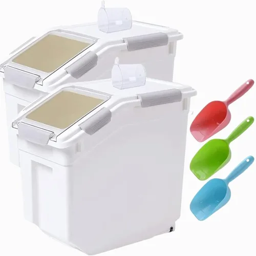 Saim Recipiente de arroz de 25 libras, recipiente grande hermético de almacenamiento de harina con ruedas, taza medidora, paquete de 2 unidades por