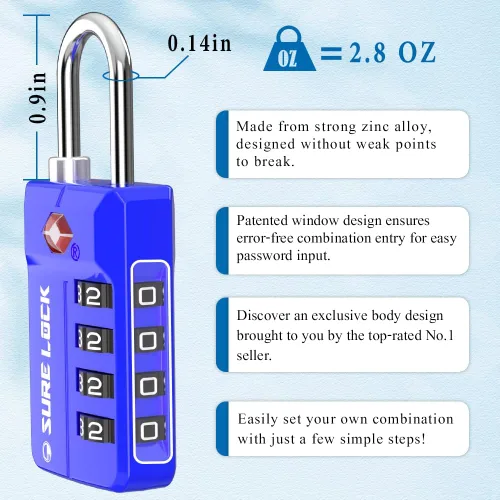 Miniatura 3 de SURE LOCK Cerraduras de equipaje con combinación de 4 dígitos reiniciables aprobadas por la TSA con alerta abierta, diales de fácil lectura