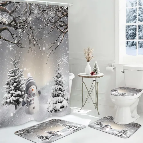 MEHOFOND Juego de 4 cortinas de ducha de invierno de Navidad con alfombras antideslizantes, cubierta de tapa de inodoro y alfombrilla de baño,