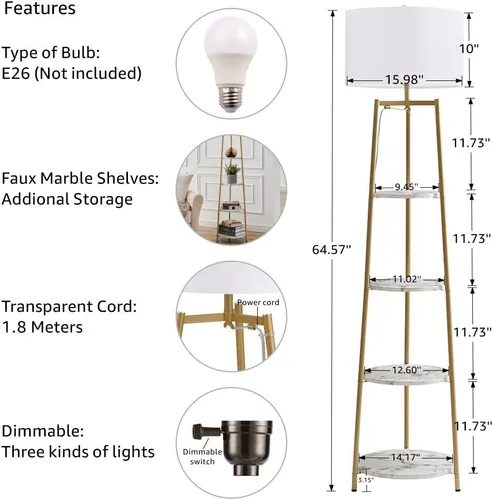 Miniatura 6 de ROSEN GARDEN Lámpara de pie, luz de lectura de pie con estantes y pantalla de tela, lámpara moderna de poste alto, iluminación decorativa de muebles