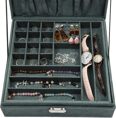 Miniatura 6 de Joyero de terciopelo verde con cerradura para mujeres y hombres caja de almacenamiento con 2 capas para aretes pulseras collares anillos 105 x 105 x