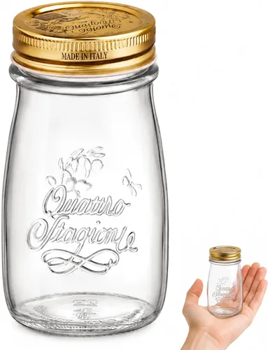 Miniatura 12 de Bormioli Rocco Quattro Stagioni, frasco de cristal para enlatado y botella de bebida, 13.5 Oz. con tapa hermética de metal dorado, hecho en Italia.
