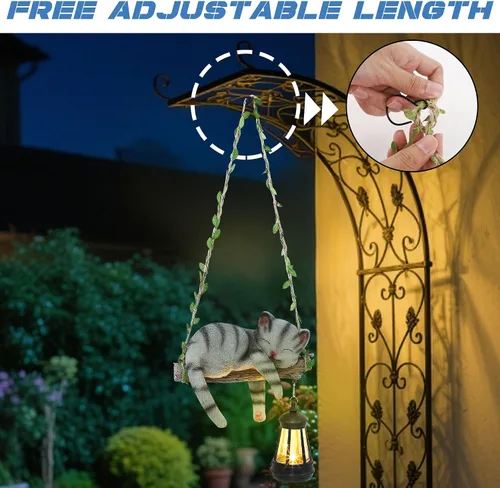 Miniatura 5 de Estatua de jardín con luz solar para exteriores, columpio colgante de 22.6 pulgadas de alto con un gato dormido y una linterna LED, figura de animal