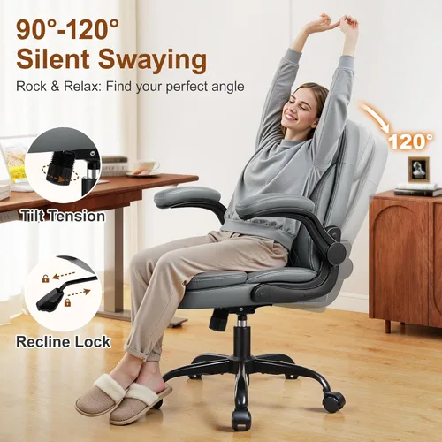 Miniatura 7 de Silla de oficina de piel, sillas de escritorio de computadora de poliuretano mejoradas con cojín de asiento de doble capa y reposaespaldas, Gris