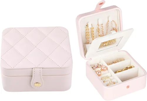Miniatura 4 de Joyero de viaje con espejo, mini estuche de viaje de piel sintética para mujeres y niñas, pequeño organizador de joyas portátil para anillos