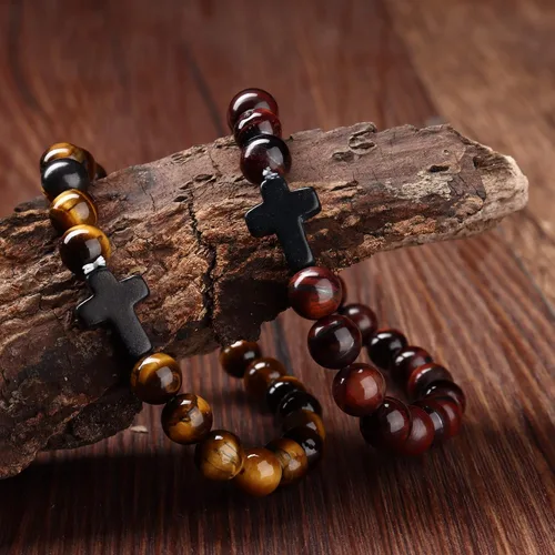 Miniatura 3 de sailimue 8 pulseras de cuentas cruzadas para mujeres y hombres, 0.315in, ojo de tigre, piedra de lava, piedra de roca de lava, elástica, juego