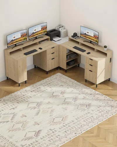 Miniatura 7 de Escritorio ejecutivo de 47 pulgadas con cajón estriado, moderno escritorio de oficina en casa con soporte largo para monitor y 2 cajones, escritorio