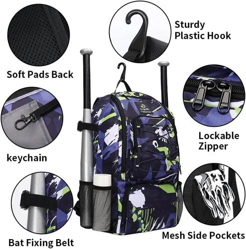 Miniatura 2 de Bolsa para bate de béisbol y sóftbol para jóvenes Adultos, mochila de equipo de béisbol con compartimento para zapatos, gancho para cerca