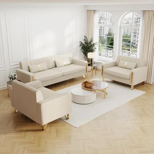Miniatura 17 de Sofá cama modular de tela de terciopelo de 85.62 pulgadas, 3 asientos, fácil de montar con 2 almohadas de sofá, patas de metal dorado para sala