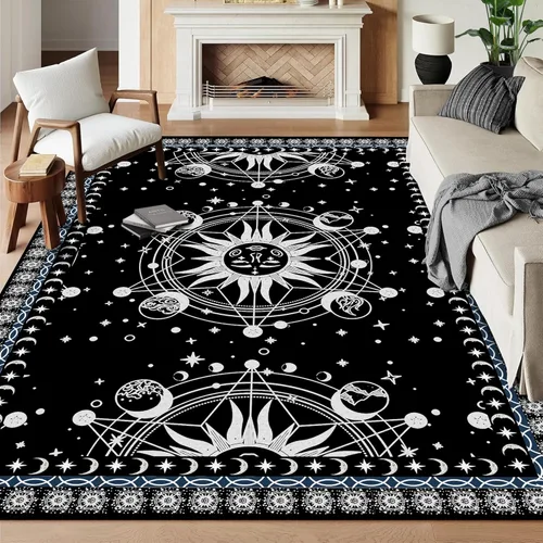 Miniatura 9 de 5' X 7' Alfombra con diseño de sol y luna, alfombras boho celestiales para dormitorio, sala de estar, estilo bohemio, oculto, media luna, solar