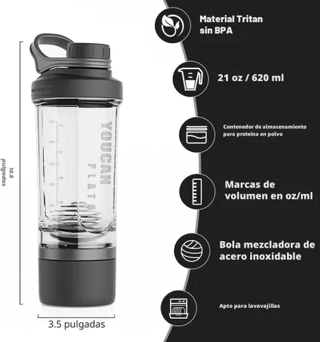 Miniatura 3 de Botella agitadora de proteínas de 21 onzas con contenedor de almacenamiento de polvo, tazas agitadoras para batidos de proteínas, botella para antes