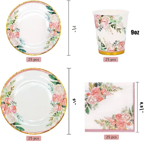 Miniatura 3 de Boosolo Suministros florales para fiestas, juegos de platos de papel y servilletas para 24 invitados, incluye platos de papel desechables florales