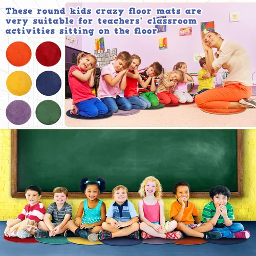 Miniatura 3 de Funtery Alfombra colorida de 6 asientos circulares de 18 pulgadas, alfombra redonda para niños, alfombra suave para aula, cojines educativos