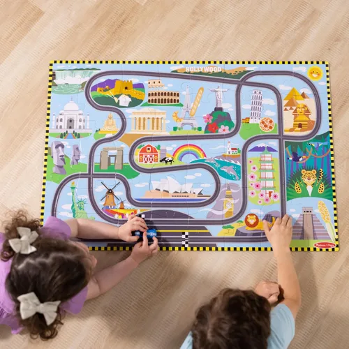 Miniatura 7 de Melissa & Doug Race Around The World Tracks - Rompecabezas de suelo de cartón y vehículos de cuerda (48 piezas) para preescolares y niños de 4+ años